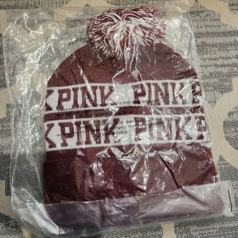 NEW Victoria’s Secret PINK burgundy pom pom beanie - Picture 3 of 4